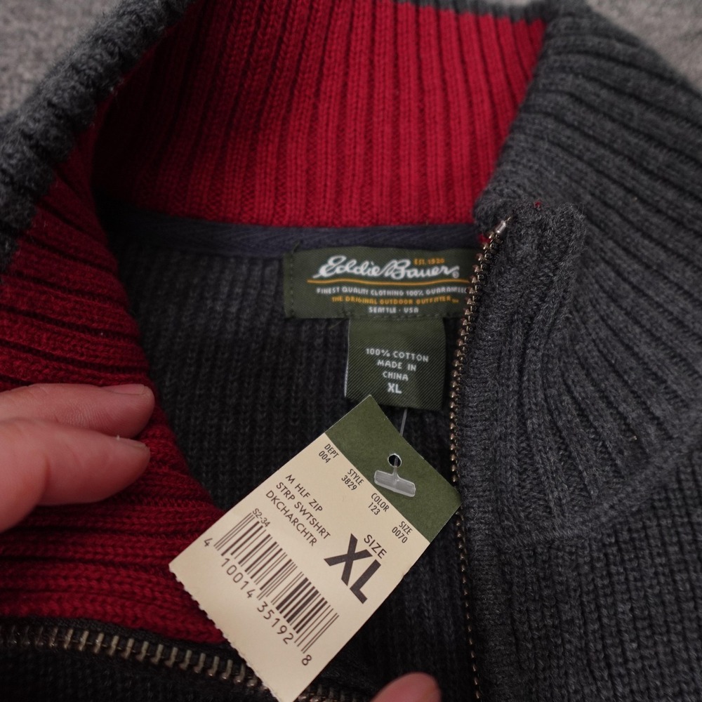 Eddie Bauer Sweater Mens XL Gray Striped 1/4 Zip‎ Mock Neck Pullover Cotton Knit - Picture 3 of 8